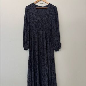 ZARA Purple Gray Floral Midi Dress | Smocked Waist | Long Sleeve | Size S